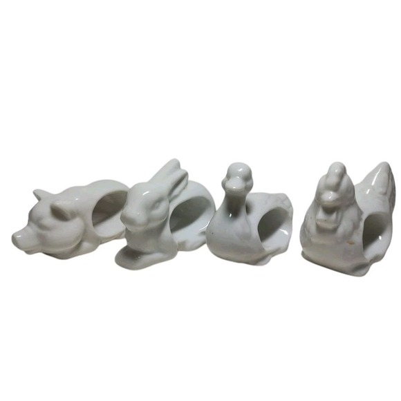 Vintage Animal Napkin Rings‎ White Porcelain Japan Duck Chicken Rabbit Pig Set - Picture 1 of 8